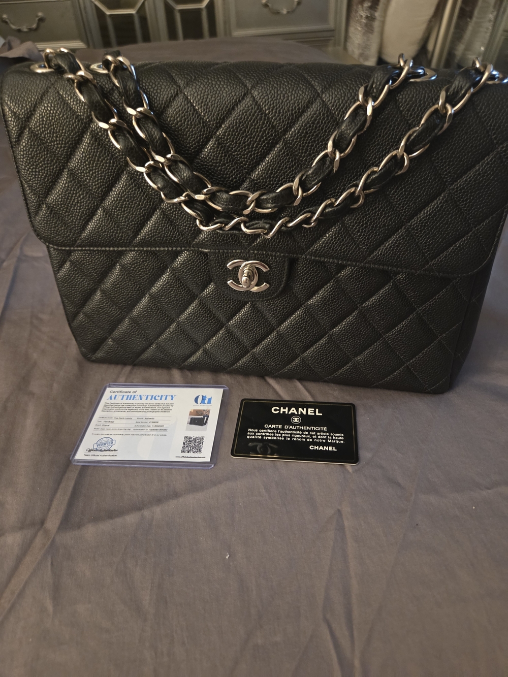 CHANEL Black Caviar Quilted Leather Shoulder Bag with Silver Chain